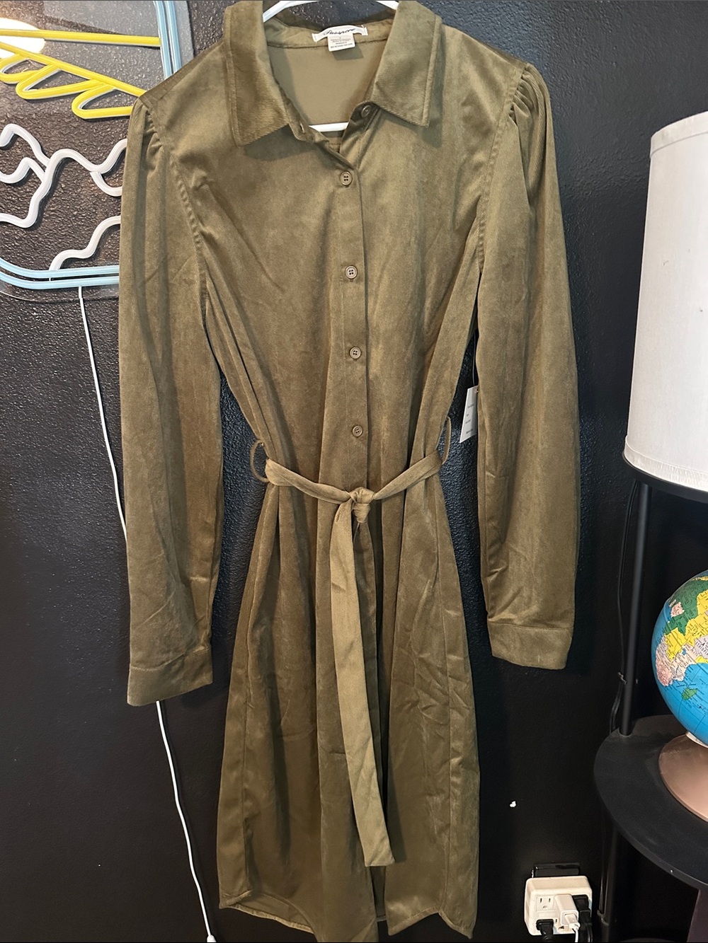 Passport Olive Green Long Sleeve Button-Front Shirt Dress with Tie Waist